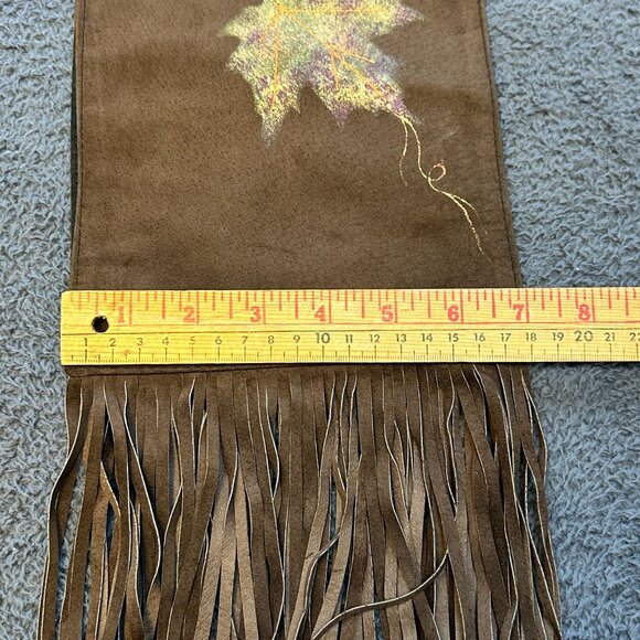 Brown Suede Fringed Scarf With Leaf Embroidery By Strévé Canada - Picture 5 of 8